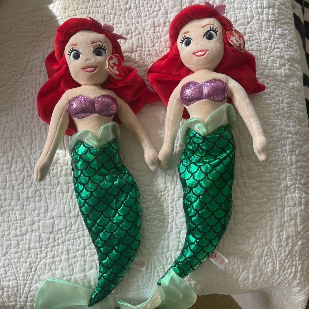 Ty Red-Haired Mermaid Plush Dolls with Purple Tops and Green Tails